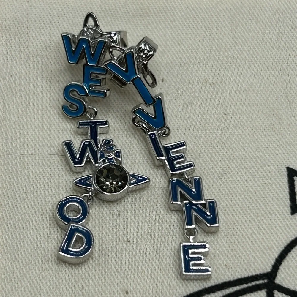 VIVIENNE WESTWOOD Soho Enamel Drop Logo Letter Earrings Blue Silver Crystal Orb - Picture 6 of 14